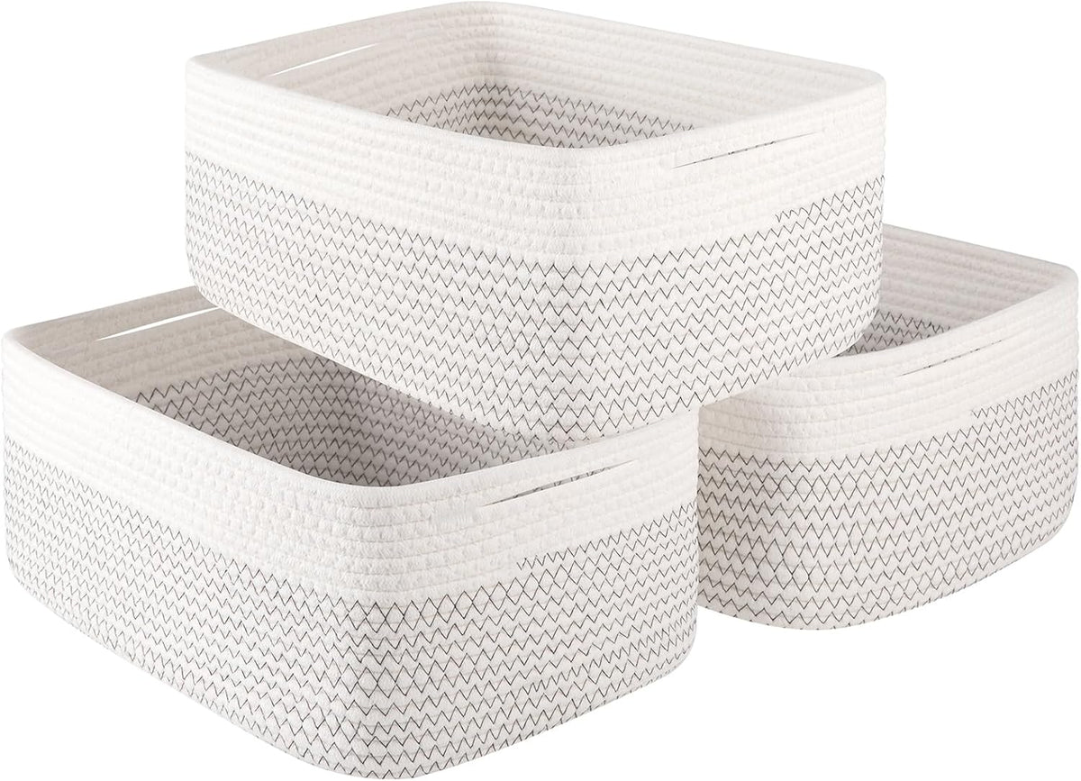 Storage Baskets for Organizing 3 Pack, Woven Baskets for Shelves, Closet Organizer Bins Empty Gift Basket Toy Storage for Toys, Books, Towels, Clothes, 15"x11.42"x6.7", White & Black
