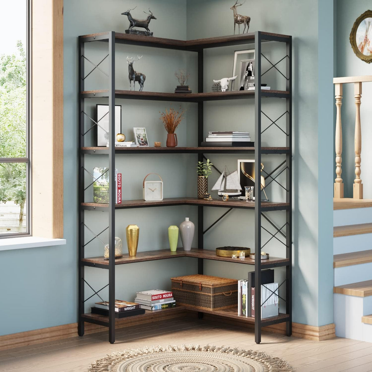 6-Shelf Corner Bookshelf, Vintage Industrial CornerBookshelf Etagere Bookcase, Large Book Shelf with Metal Frame Open Storage Corner Cabinet for Living Room Home Office（Retro Brown）