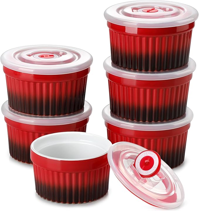 vancasso 8 oz Ramekins with Lid, Porcelain Creme Brulee Souffle Dishes, Red Pudding Custard Cups Ramiken for Baking, Dishwasher and Oven Safe, Set of 6