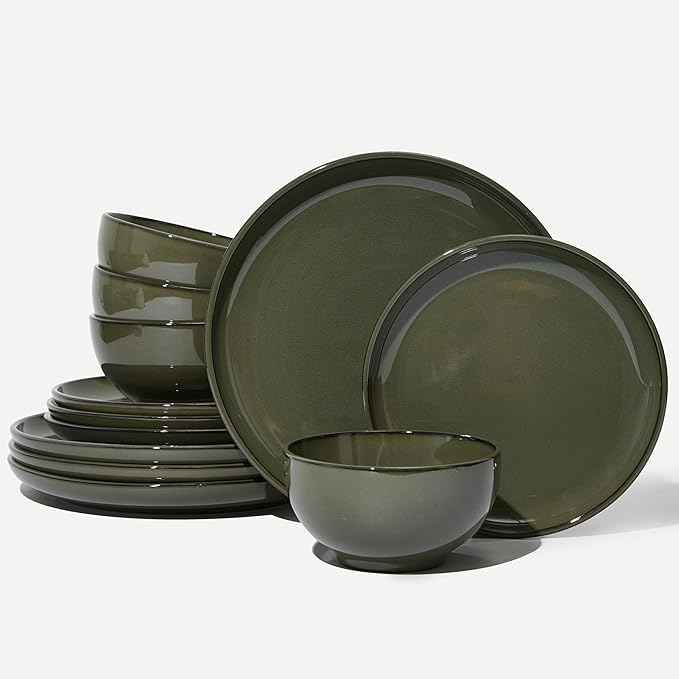Santorini Mist Terracotta Reactive Glaze Plates and Bowls Sets, Stoneware Dinnerware Sets, Microwave and Dishwasher Safe Ceramic Dish Set Service for 4, Blackish Green