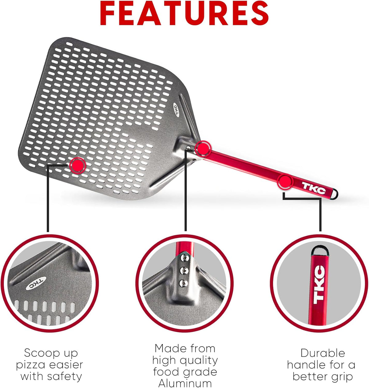 TKC 14” Perforated Pizza Peel – 31 Inch Long Handle Perforated Aluminium Pizza Paddle – Lightweight Pizza Turning Peel – Commercial Grade Pizza Spatula - Outdoor Pizza Oven Accessories - (Silver/Red)