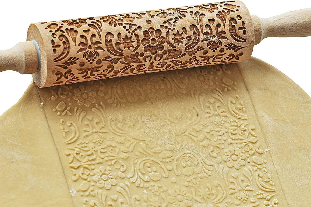 Christmas Wooden Rolling Pin for Baking Engraved Embossing Rolling Pin Cookie Stamps Roller Square Grid Cookies Mold Kitchen Decor Tools for Baking Embossed Cookies (Flower Plant)