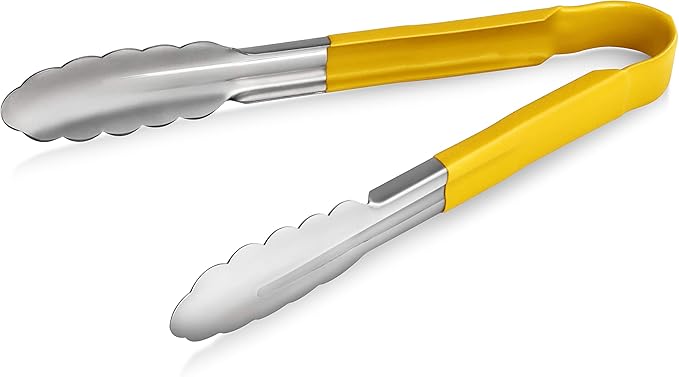 New Star Foodservice 35889 9-Inch Utility Spring Tongs, Stainless Steel, Vinyl Coated, Set of 12, Yellow