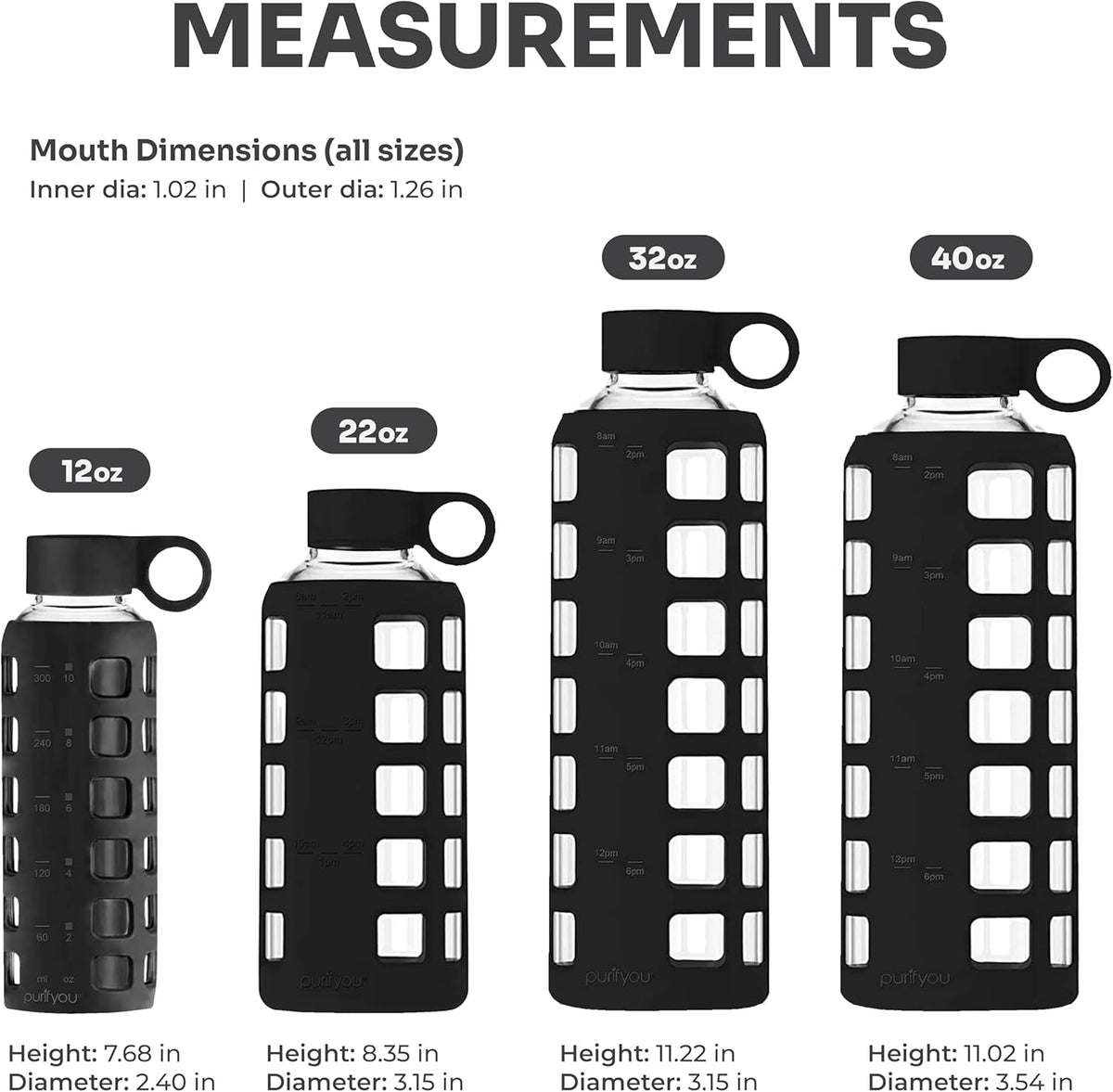 purifyou 40oz / 32oz / 22oz / 12oz Borosilicate Glass Water Bottle with Time & Volume Markers, Silicone Sleeve, Stainless Steel Lid – Reusable Glass Bottle for Water & Juice (12oz Jet Black)