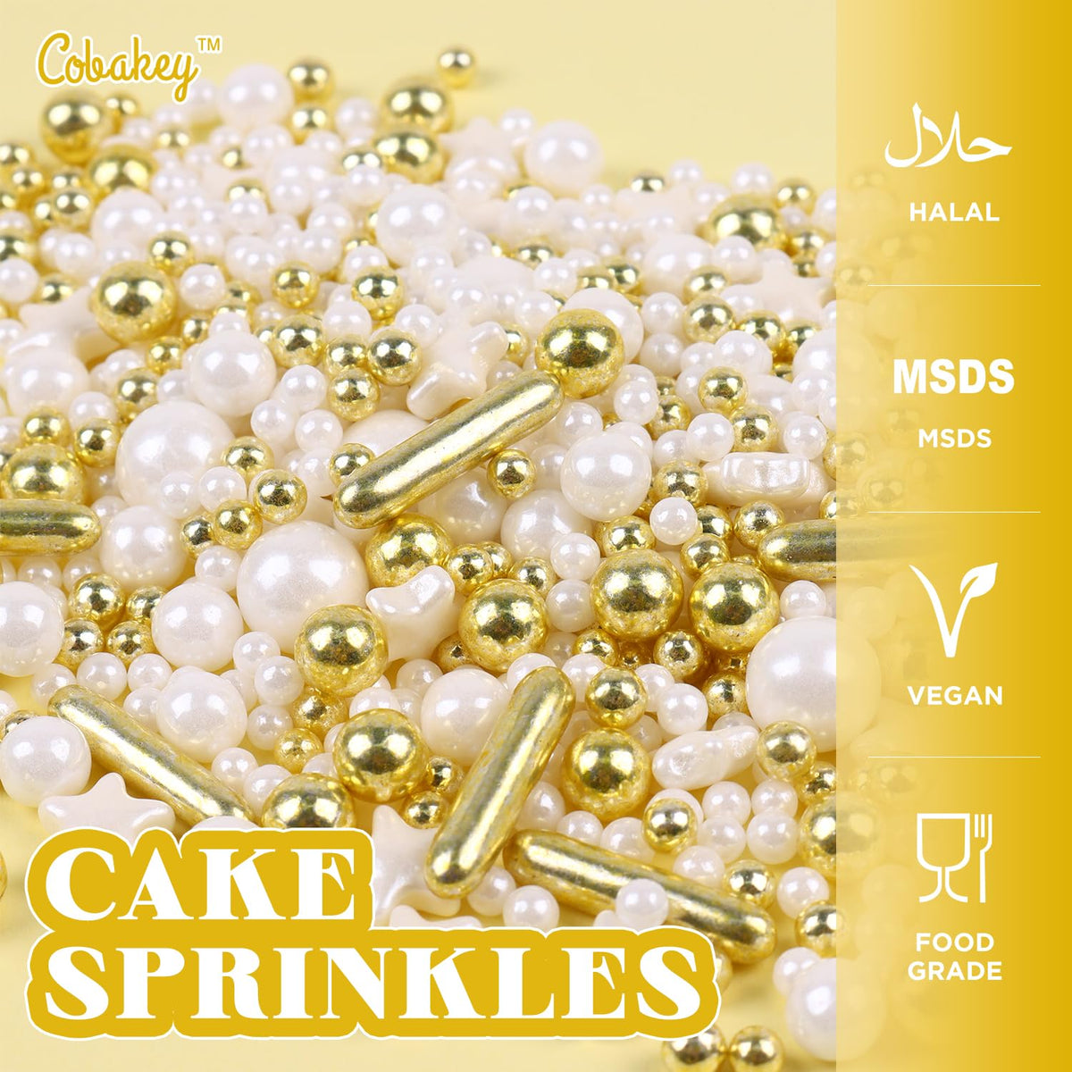 White Deluxe Gold Sprinkles for Cake Decorating 4.23ounce - Sugar Mix Contains Star & Pearl Sprinkles for Cupcake Toppers, Ice Cream, Candy, Cookie Decorations - Holiday Party Supplies