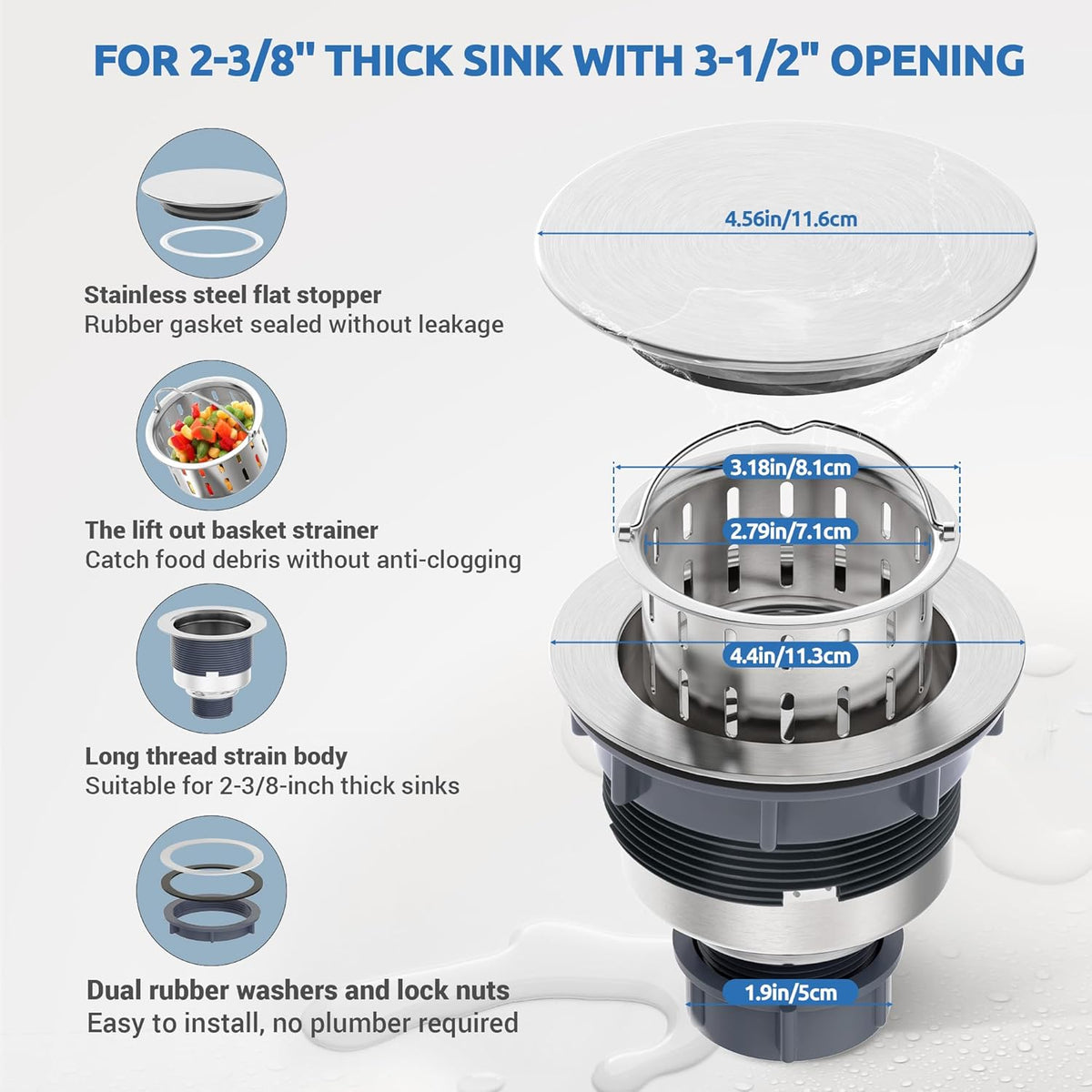 BOTEMY Stainless Steel Sink Drain Strainer 3-1/2 Inch Kitchen Sink Drain Assembly Kit with Removable Deep Sink Strainer Basket and Sink Stopper Flat Cover Replacement for Home Standard Kitchen Sinks