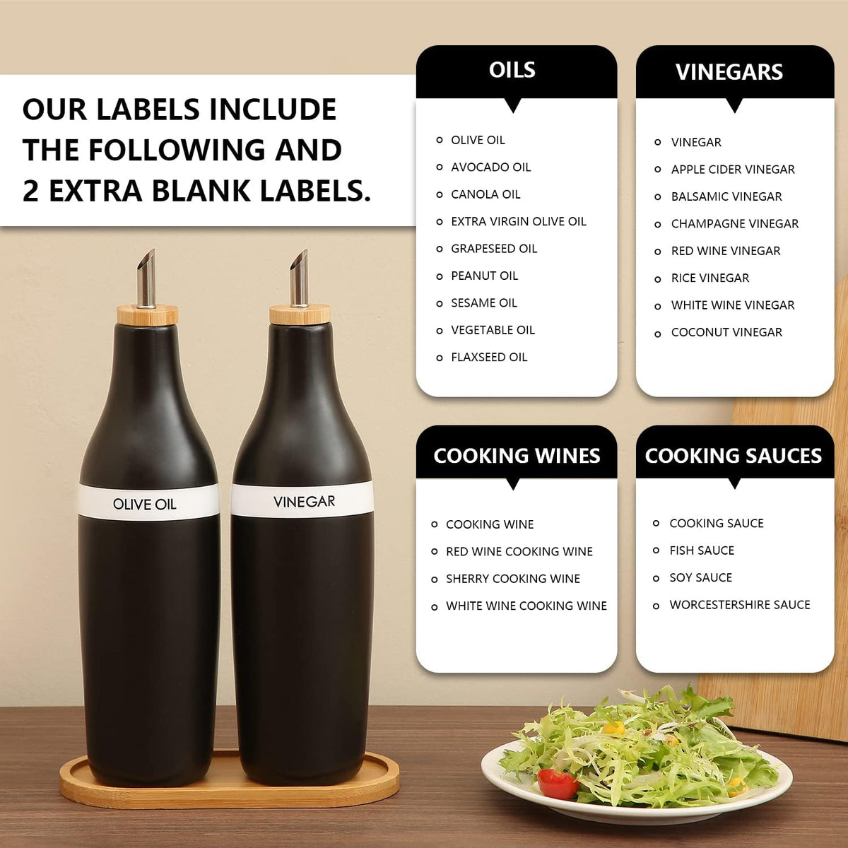 HOMCDALY Olive Oil and Vinegar Dispenser Set, Two 16oz Ceramic Oil Dispenser for Kitchen, Kitchen Dispenser Bottle for EVOO Vinegar Syrups, Modern Farmhouse Design| Set of 2 – Black