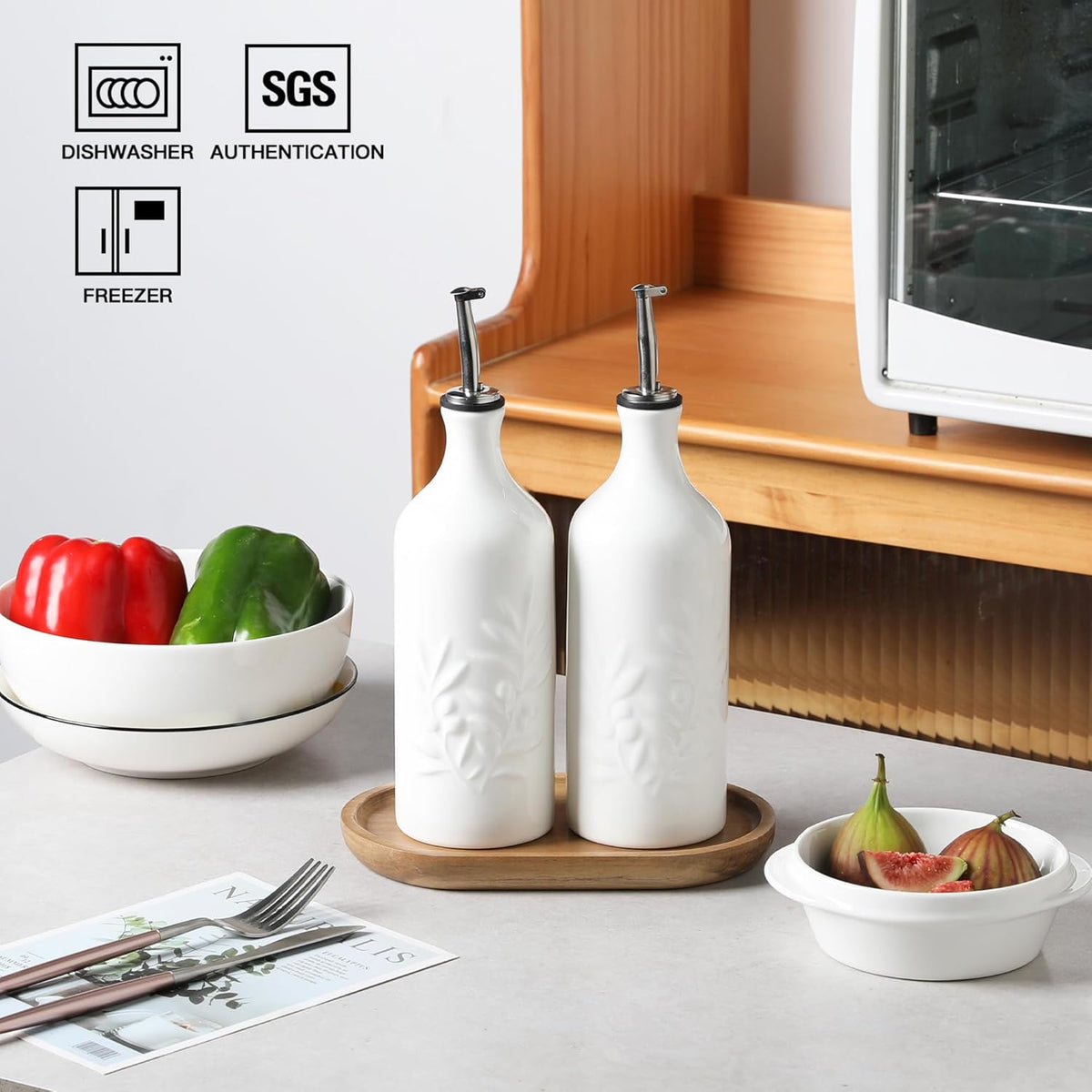 Sweejar Ceramic Olive Oil Dispenser Bottle, 20 Oz Relief Opaque Oil Cruet Protects To Reduce Oxidation, Suitable for Storage,Vinegar, Soy Sauce,Liquids,Set of 2 (White White)