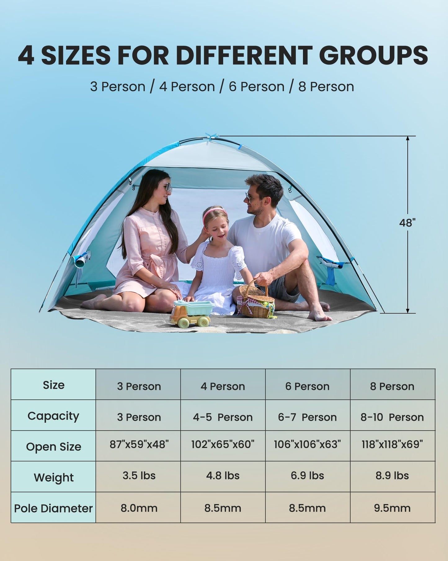 OutdoorMaster Beach Tent for 3/4/6/8 Person, Portable Sun Shade Shelter