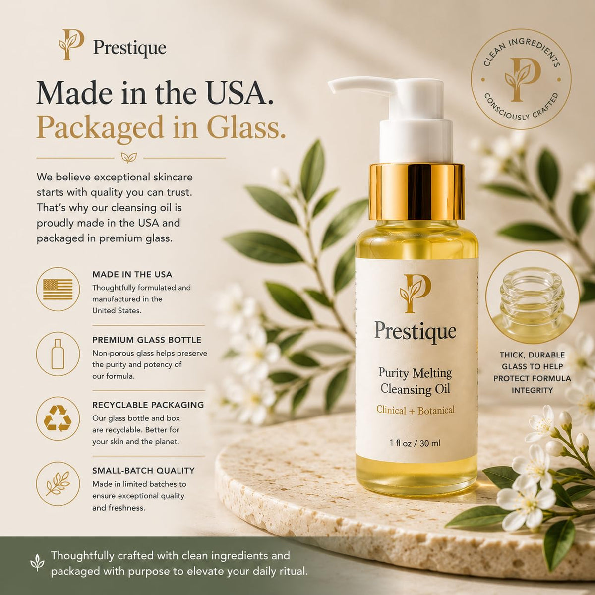 Prestique Purity Cleansing Oil, Makeup Remover Oil & Face Wash – Grape Seed, Sunflower, Rice Bran, Avocado Oils, Fragrance-Free – Removes Waterproof Cosmetics, Sunscreen & Pollutants – 1 fl oz
