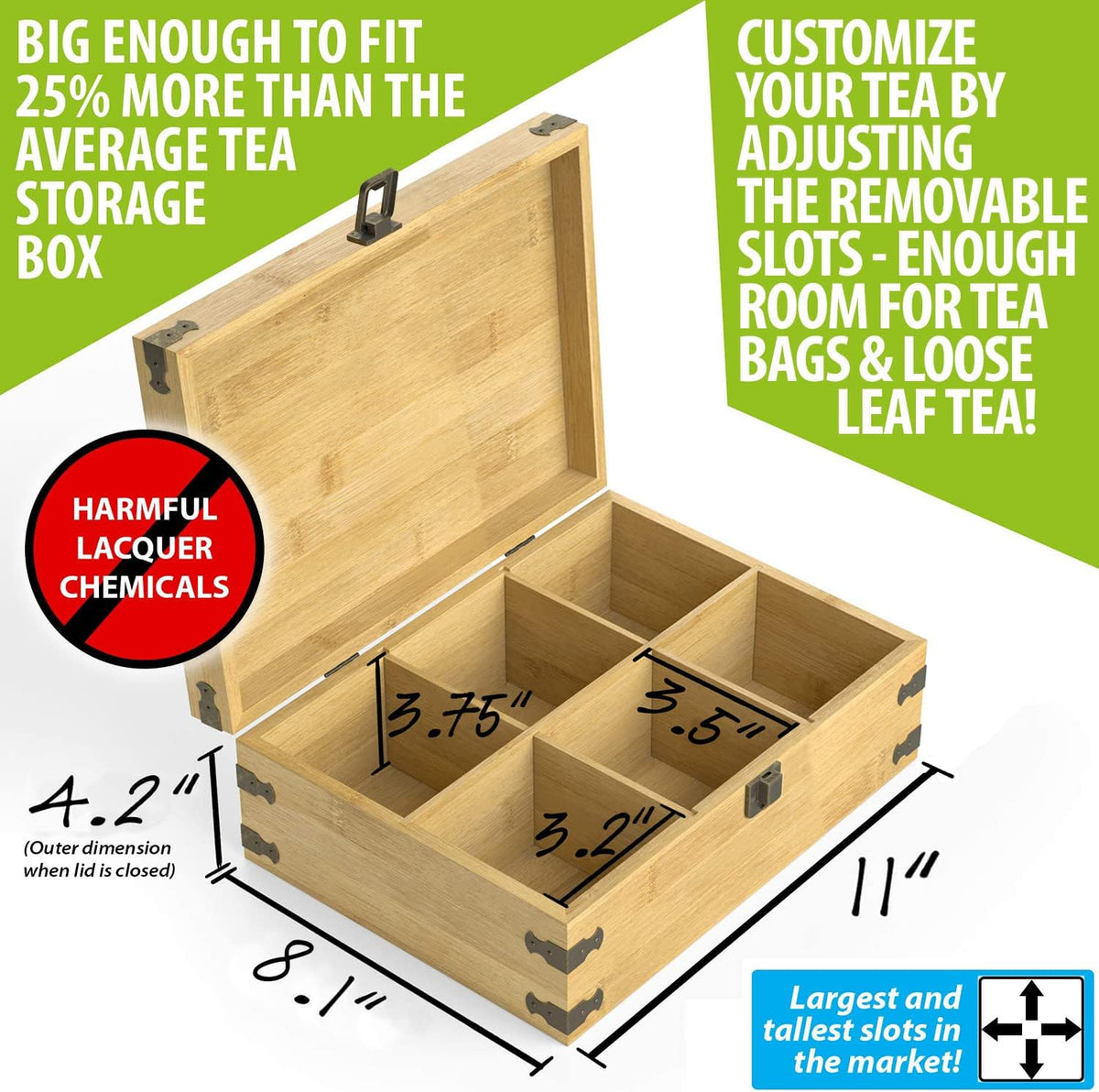 Bamboo Tea Organizer Box Chemical Free Eco-Friendly Big, Tall, Adjustable Cubbies Natural Wooden Storage Chest (6-Slot 11" x 8.1" x 4.2" with Tea Leaf design)