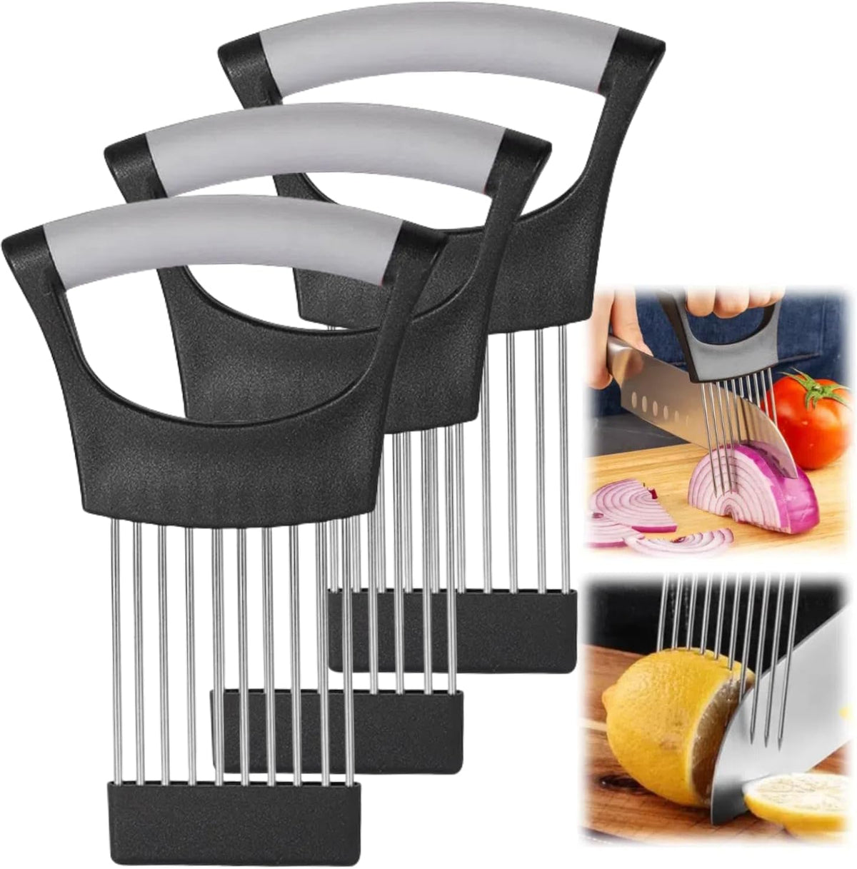 Onion Slice Holder, 2024 New Stainless Steel Holder for Slicing, Chopper Assistant Tool, Cutter for Meat, Onion, Potato, Tomato Kitchen Gadgets (Grey, 3 Pack)