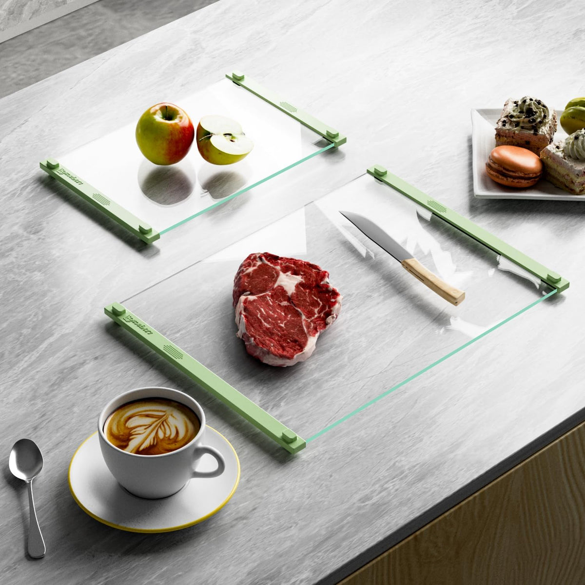 Glass Cutting Board with Silicone Grip, 80% Stronger Shatter Resistance and Slip Resistance,No Scratches/Microplastic-Free,Dishwasher Safe, Non Toxic Cutting Board for Kitchen (Green-2PCS)