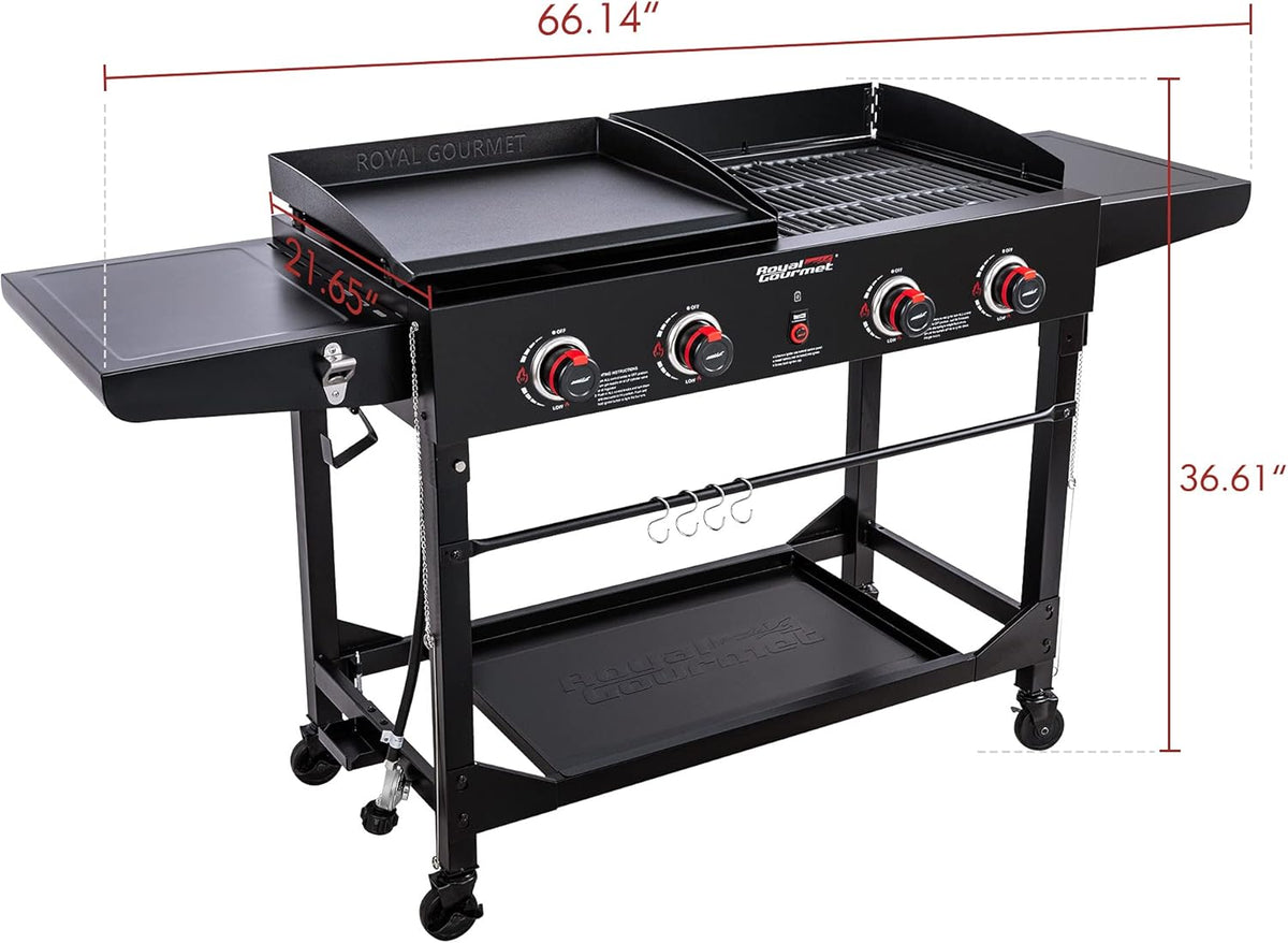 Royal Gourmet GD402 4-Burner Propane Gas Grill and Griddle Combo with Foldable Legs, 48,000 BTUs, Portable Griddle Grill Combo for Outdoor Cooking While Camping or Tailgating, Black
