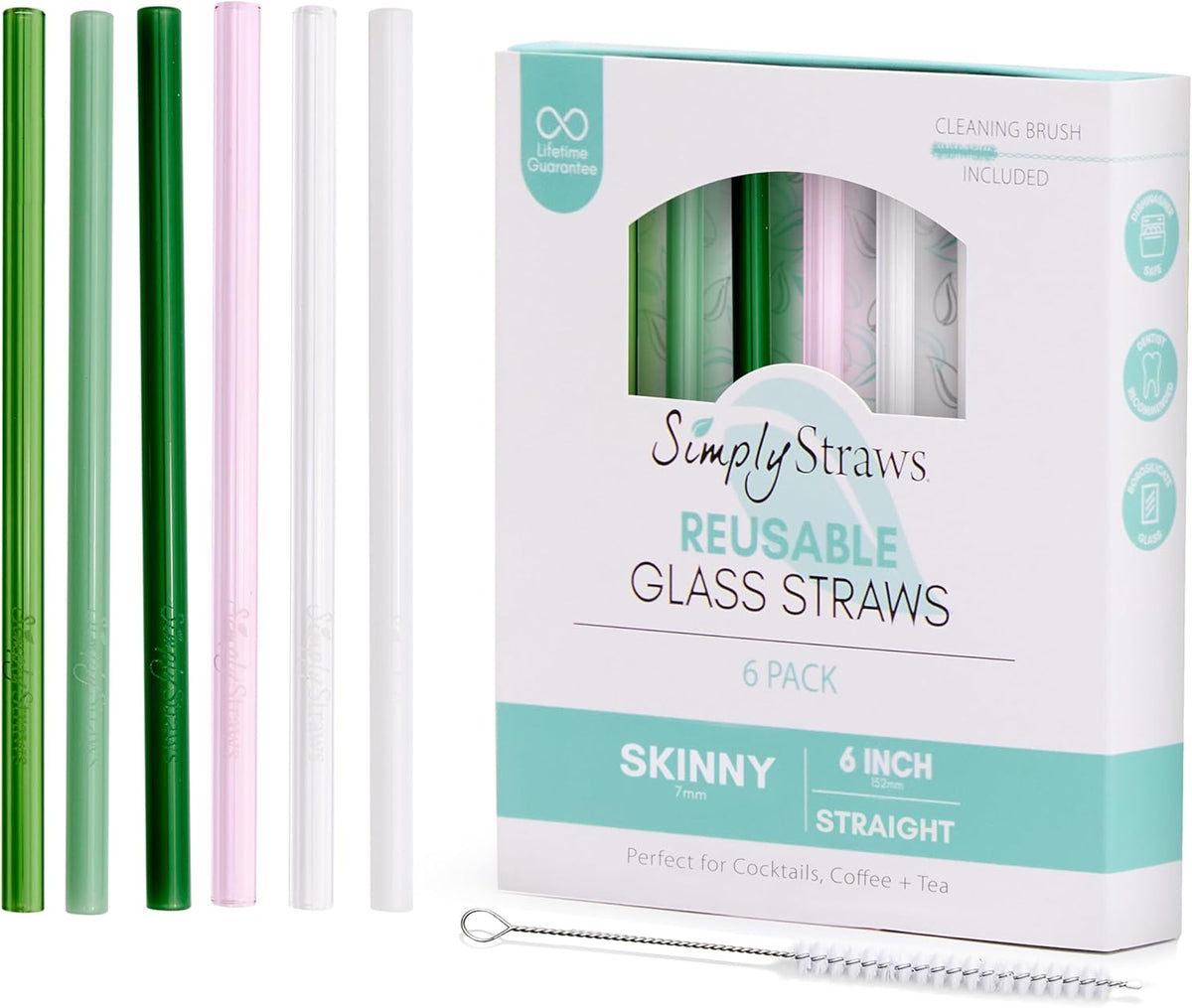 Simply Straws 6 Inch Skinny Glass Straws (6-Pack) - Reusable Cocktail Straws for Mixed Drinks, Low Balls, Coffee & Tea, with Cleaning Brush – Dishwasher Safe, Hot & Cold Use, BPA-Free (Palm)