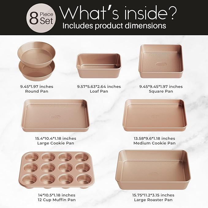 Baking Pans Set 8-Piece Bakeware Sets, Baking Sets for Cooking Nonstick Oven Pan Set, Baking Sheet Set, Cookie Sheets for Baking, Muffin Pan, Cookie Sheets (Ceramic Coated Gold)