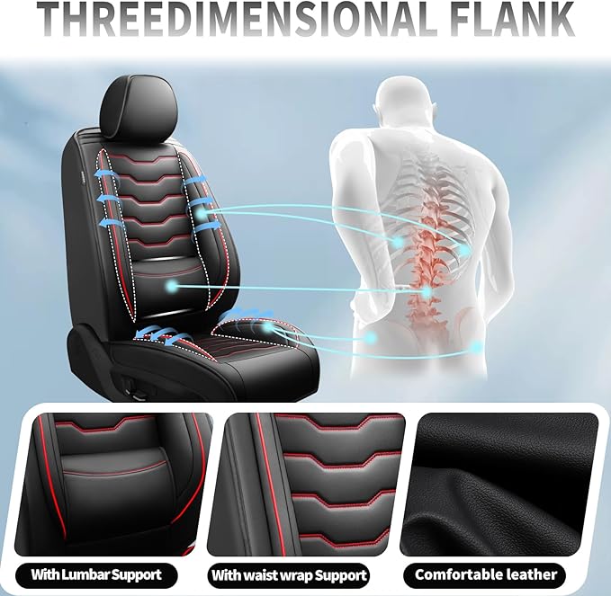 Fit Leaf Car Seat Covers Compatible with Nissan Leaf 2012-2025 2026 - Full Set Premium Leather， Waterproof Breathable， All-Weather Seat Cushion Protecto&Airbag Compatible（Red Line Black