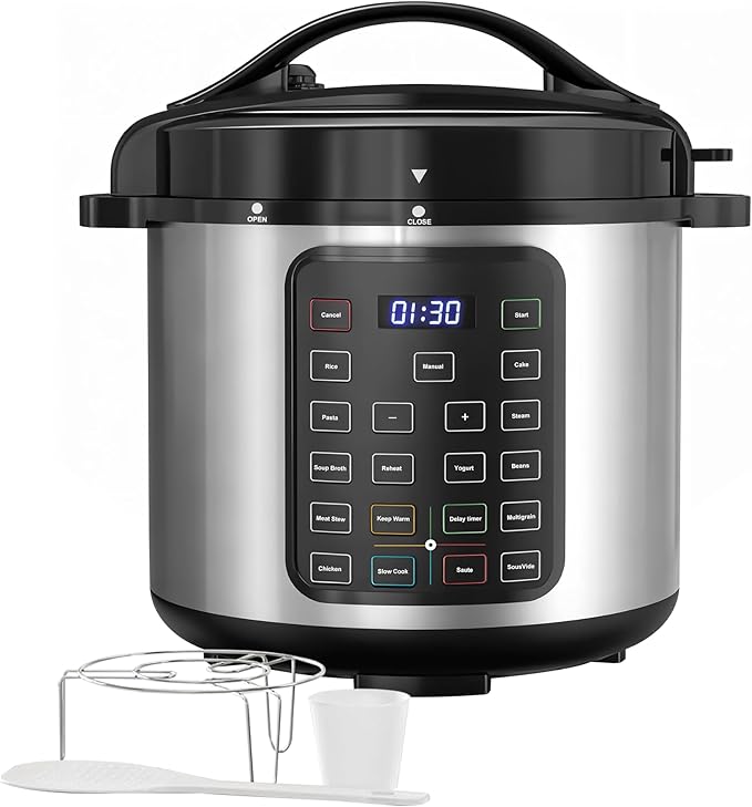 Simple Deluxe 16-in-1 Electric Pressure Cooker, 8QT Stainless Steel & Non-Stick Multi Cooker for Slow Cook, Meat Stew, Cake, Porridge, Multigrain, Dishwasher Safe, Silver