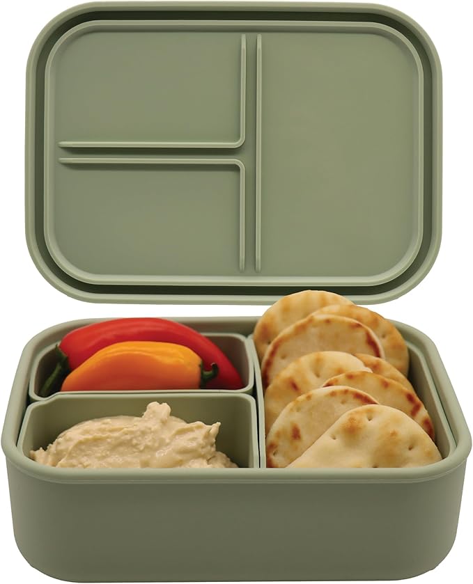 Silicone Bento Box, 3 Removable Compartments, BPA-Free, Leak-Resistant, Dishwasher and Microwave Safe, Perfect for Work, Travel & Meal Prep, (Green)