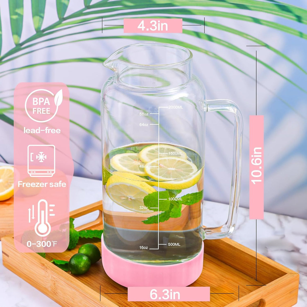 Aofmee 68oz Glass Pitcher with Lid, 2 Liter Water Carafe with Silicone Base and Precise Scale Line, Ice Tea Pitcher for Fridge, Anti-Slip Glass Jug for Sun Tea Juice Coffee Milk Beverage (Pink)
