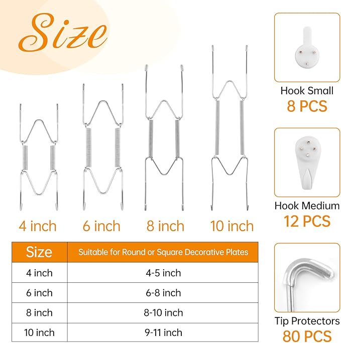 Bilillo 20 Pieces Stainless Steel Spring Plate Hangers for The Wall, 4/6/8/10 Inch Invisible Wire Holders with 20 Pcs Wall Hooks, Fit 4-11 Inch Decorative Plates, Platters & Dishes (Silver)