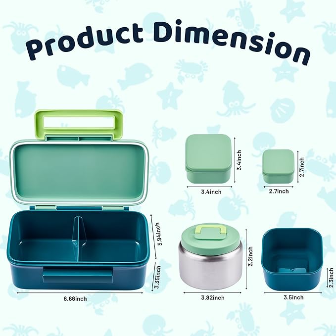 Lunch Box for Kids With 8oz Soup Thermo, Leak-proof Lunch Container with 2 Compartments, Thermo Food Jar Food Containers for Back to School Girls Boys (Green)