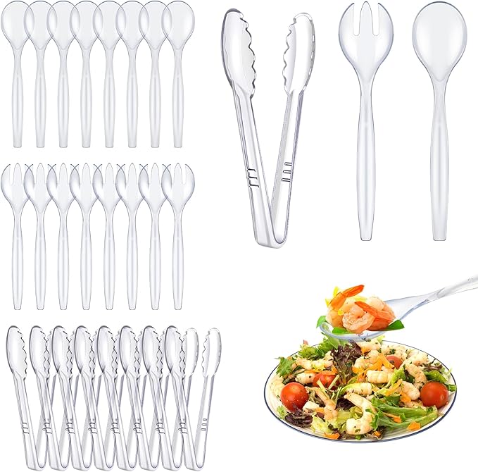 Dualshine 24 Pcs Disposable Clear Plastic Serving Utensils, 8 Set Including Plastic Serving Spoons, Tongs, and Forks for Dinner Parties, Buffets, Banquets, Events, Weddings, and Daily Use