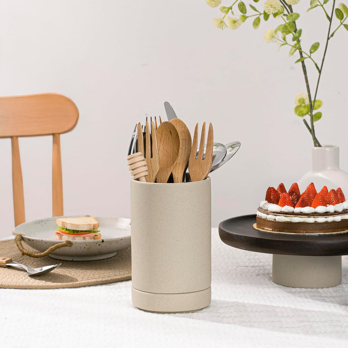 Utensil Holder, 7.3"+5.4" Ceramic 2-in-1 Utensil Holder Set for Countertop, Cooking Utensil Crocks for Kitchen Counter, Organizer for Spatulas & Spoons, Set of 2, Pottery Clay