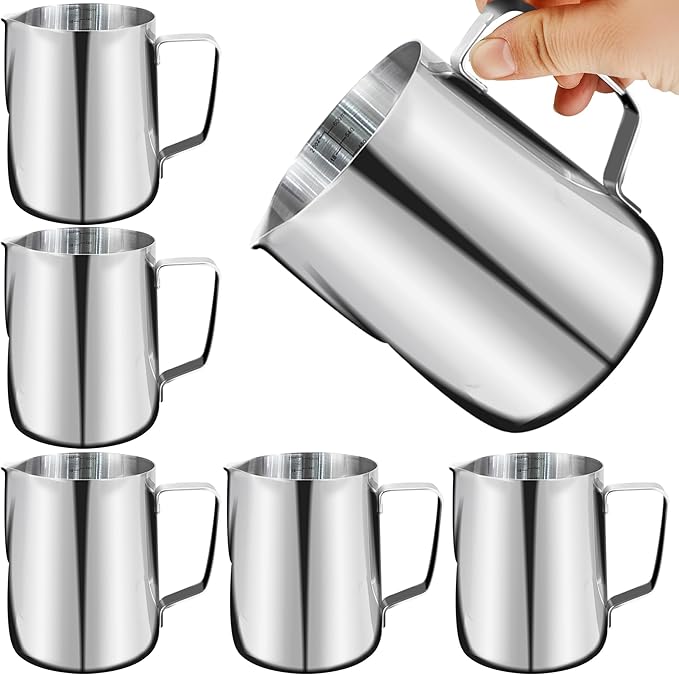6 Pack Milk Frothing Pitcher Stainless Steel 20 oz Espresso Steaming Pitchers with Handle Milk Frother Cup for Kitchen Coffee Bar Latte Art Hot Chocolate