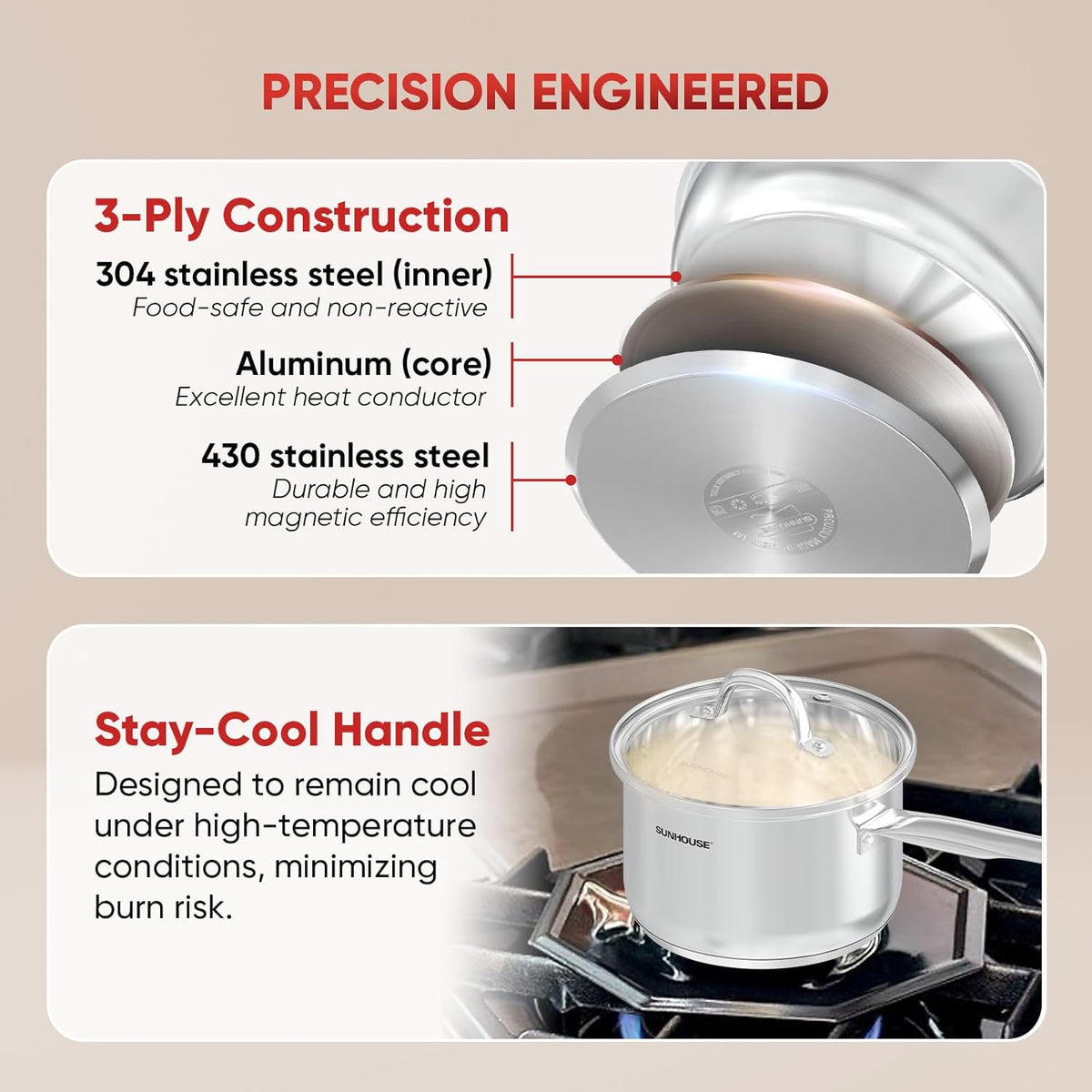 Sunhouse – 3 Quarts Stainless Steel Sauce Pan with Lid - PFOA-FREE, Stainless Steel Sauce Pan, Induction base, Stay-Cool Handle, Compatible with All Cooktops Gas, Geramic, Electric etc.