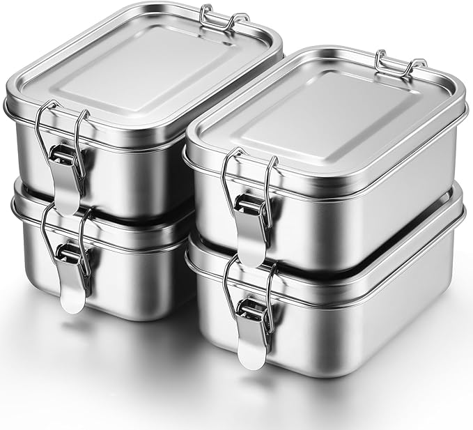 Umigy 4 Pcs Stainless Steel Food Containers Metal Bento Lunch Box Stainless Steel Food Storage Containers, Lockable Clips to Leak Proof, Reusable Dishwasher Snack Boxes for Work (550ml)