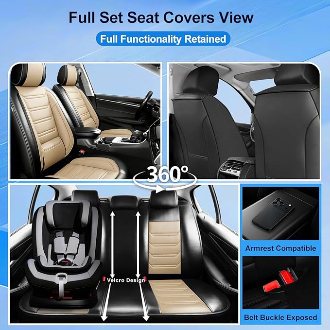 Fit Prologue Car Seat Covers for Select Honda Prologue 2024-2026 - Premium Full Coverage Leather, Airbag Compatible, Waterproof & All Weather Seat Cushion Protector, Full Set, Black+Beige