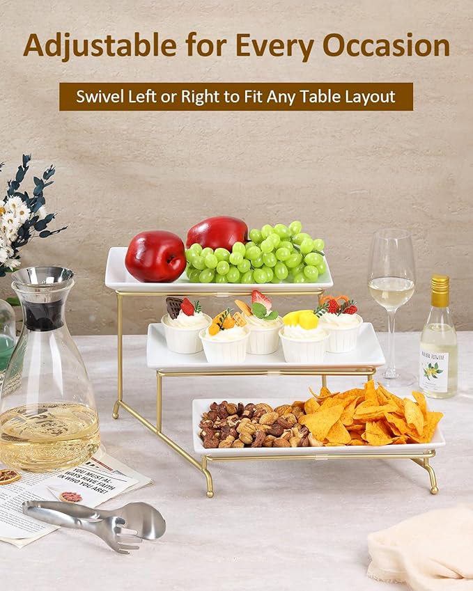 Yedio 3 Tier Serving Tray Set Porcelain Tiered Serving Platters, Collapsible Sturdier Stand with Stable Cross Bars, 12 Inch Three Layer Serving for Party Entertaining Food Display Fruit Dessert
