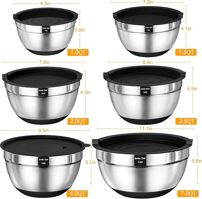Umite Chef Mixing Bowls with Airtight Lids, 26Pcs Stainless Steel Bowls Set, 3 Grater Attachments & Black Non-Slip Bottoms Size 7, 4, 2.5, 2.0,1.5, 1QT, Great for Mixing & Serving
