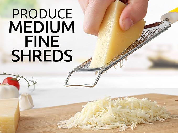 Zulay Kitchen Professional Cheese Grater Stainless Steel - Durable Rust-Proof Metal Lemon Zester Grater With Handle - Flat Handheld Shredder for Parmesan, Chocolate, Spices, And More - Yellow