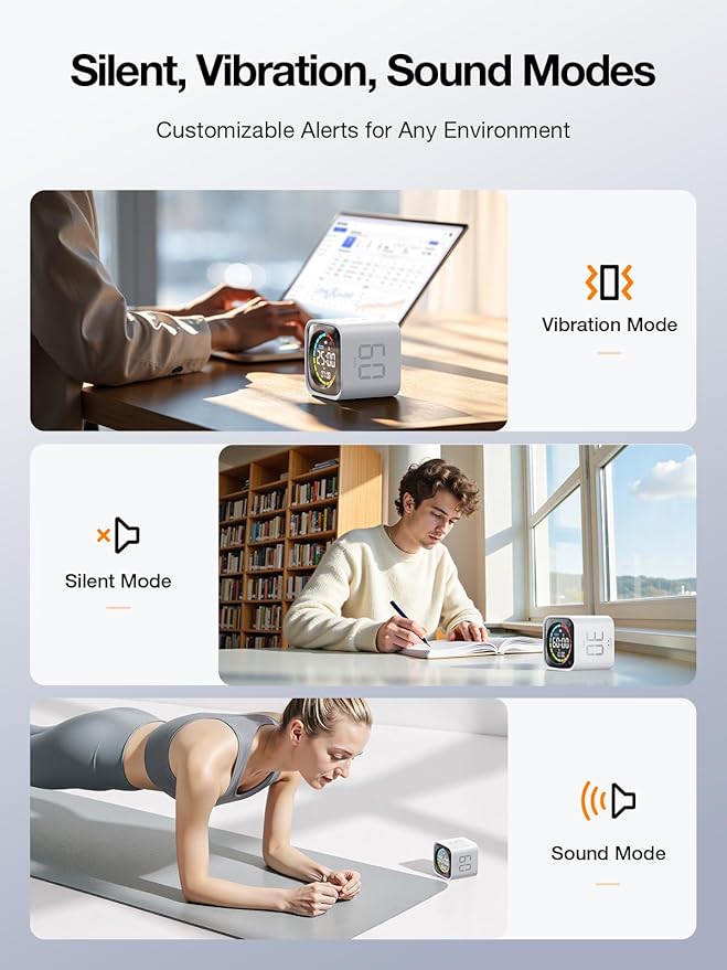 TK3 Pomodoro Timer Cube, Desk Productivity Timer with 5/10/30/60 Min Presets, Custom Countdown, Stopwatch, Clock, 3 Alarm, Silent, Vibrate & Sound Alert, for Task, ADHD, Study, Kitchen, White