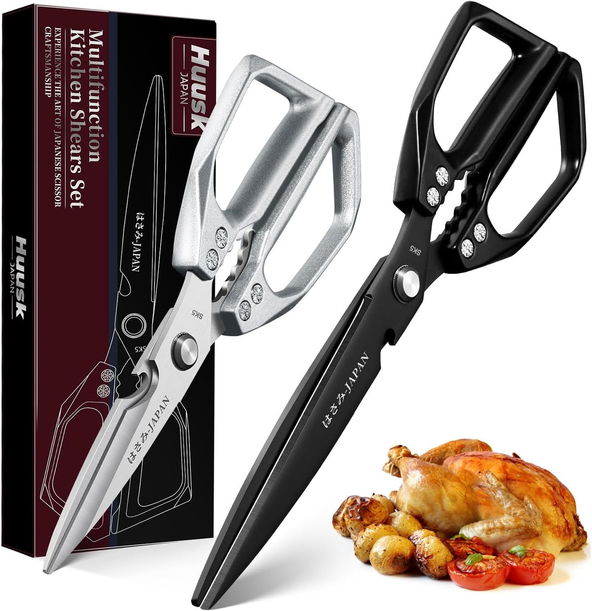 HUUSK Kitchen Shears Set Upgraded - Stainless Steel Kitchen Scissors, Sharp Meat Scissors, Heavy Duty Poultry Shear, Japanese Cooking Scissor for Food, Chicken Bones, and Turkey - Dishwasher Safe