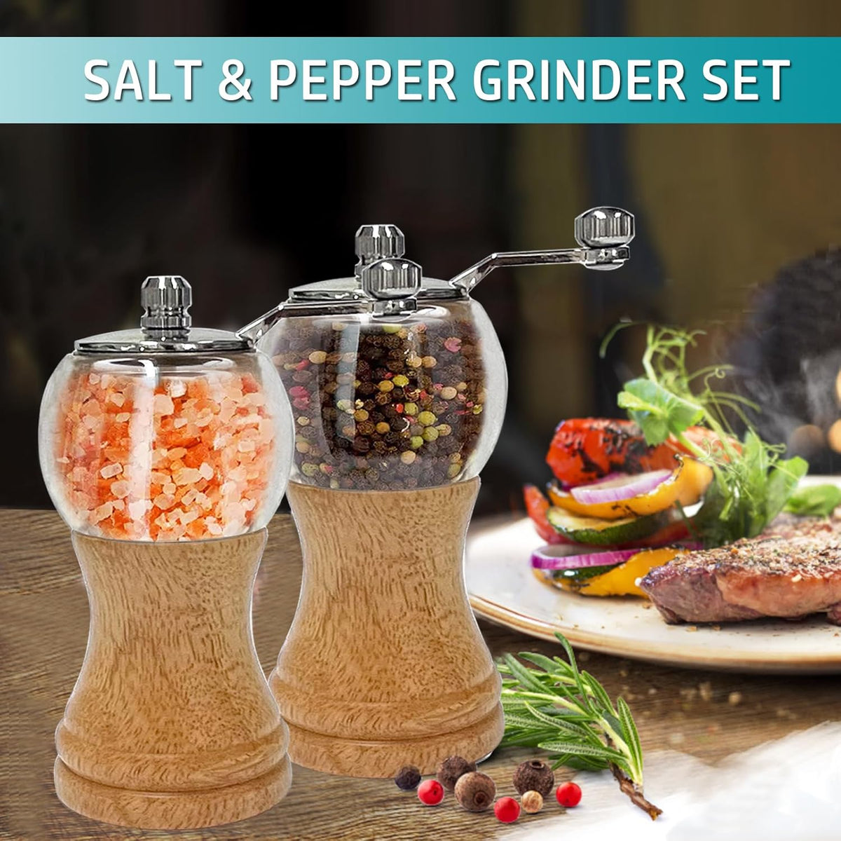 Pepper Mill Set, Classical Hand Shake Wood Pepper Grinder Set & Salt Mill, Wooden & Acrylic,Ceramic Blades Upgrade Metal Handle,Enjoy Fresh Ground Pepper Various Spices (Burlywood 2pcs-5in)