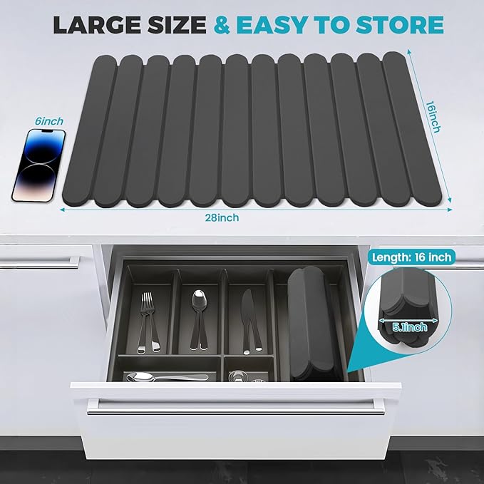 Extral Large Quick Dry Stone Drying Mat for Kitchen Counter,28"(L)x16"(W) Collapsible Eco-Friendly Absorbent Diatomaceous Earth Mat for Dishes Cups,Dish Drying Mats (Deep gray-Ellipse, 28x16 inch)