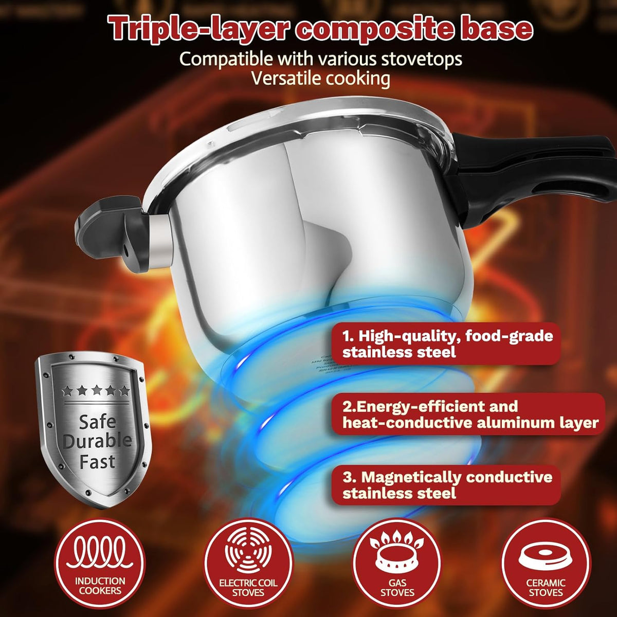 Stainless Steel Pressure Cooker 10 Quart All Stovetops Induction Compatible Food Grade Heavy Duty Multi Safety System Durable Body Handle for Home and Commercial Use, Deeluban