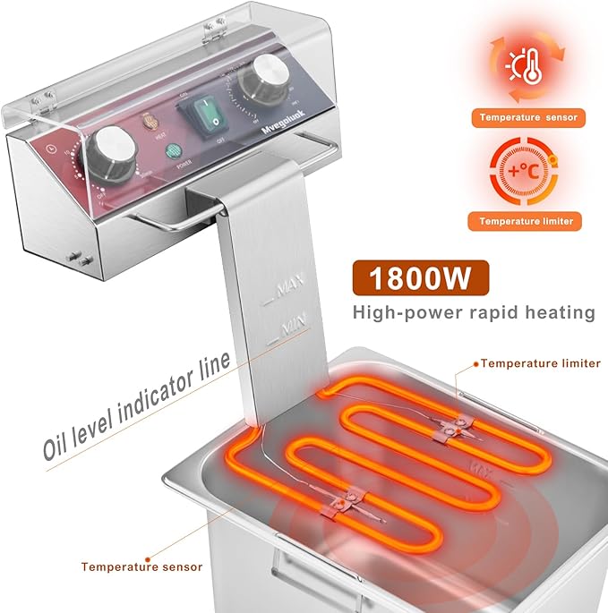 Mvegoiuok Electric Deep Fat Fryer With Basket and Lid 1800W Commercial Deep Fish Fryer With Oil Filtration for Home Use and Restaurant 12.7QT Stainless Steels Oil Fryer
