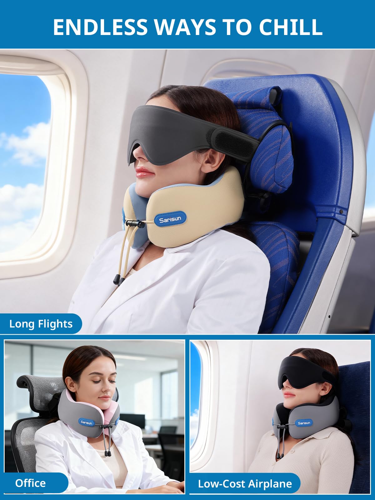SARISUN Neck Pillow Airplane,w/Seat Strap Support,3D Eye Mask for Travel