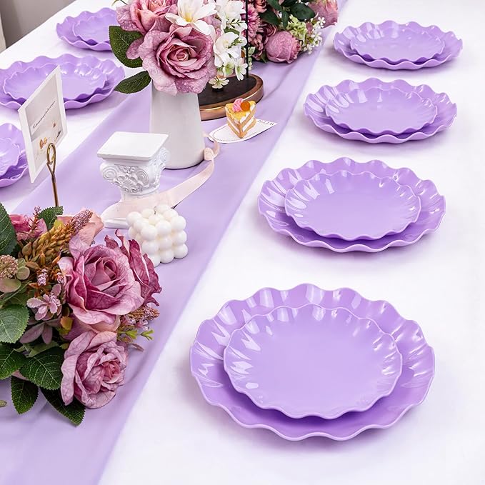 LIYH 24pcs Purple Plastic Plates Reusable, Unbreakable Dinner Plates,Scalloped Plate,Microwave & Dishwasher Safe Unbreakable Party Plate for Birthday (12Guests)