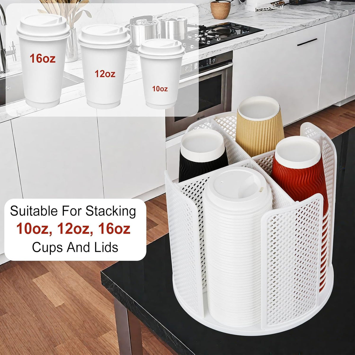 Rotating Cup Dispenser, Coffee Cup Holder with 4 Compartments, Disposable Paper Cup Organizer Fits 5 to 16 oz Cups for Kitchen Cabinets, Detachable Plastic Cup Stand & Lid Holder, White