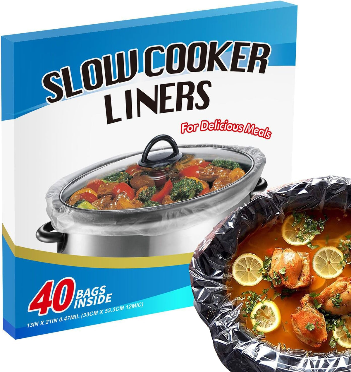 ECOOPTS Slow Cooker Liners (40 Liners), 13" × 21" Pot Liners Fit 3-8 Quarts, Disposable Cooking Bags Suitable for Oval & Round Pot, BPA Free (13" × 21")