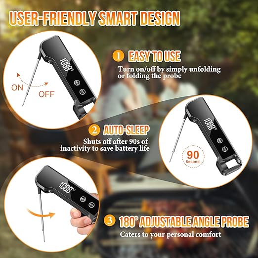 Meat Thermometer Digital Instant Read Food Thermometer for Cooking, Waterproof Kitchen Thermometers with Backlight, Magnet, Auto-Rotating, BBQ Thermometer for Grill Smoker Oil Fry Candy Thermometer