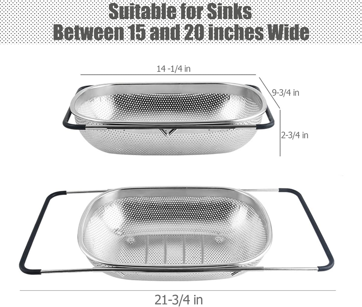 Over The Sink Strainer Stainless Steel Colander 5 Quart Basket with Expandable Rubber Grip Handles for Kitchen Sink - Strain, Drain, Rinse Fruits, Vegetables, Pasta, New Home Essentials