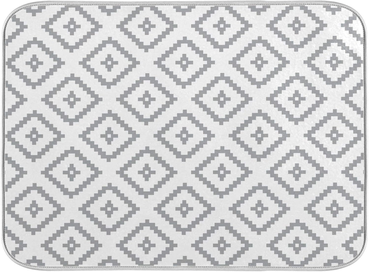 Super Absorbent Dish Drying Mat, Microfiber Fast-Drying Dish Mat, 16" x 18, Kitchen Dish Drying Pad, White Moroccan Rhombus Plaid