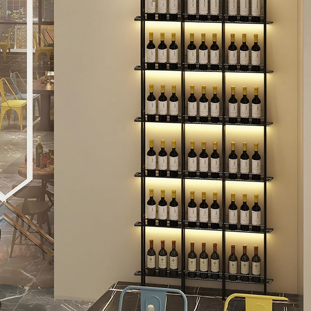 Wine Racks Wall Mounted, 6-Tier Wine Storage Holder, Black Industrial Bar Liquor Bottle Display Shelf, for Home Bar, Kitchen, Dining Rooms, & Wine Cellars (Black, 4 Column)