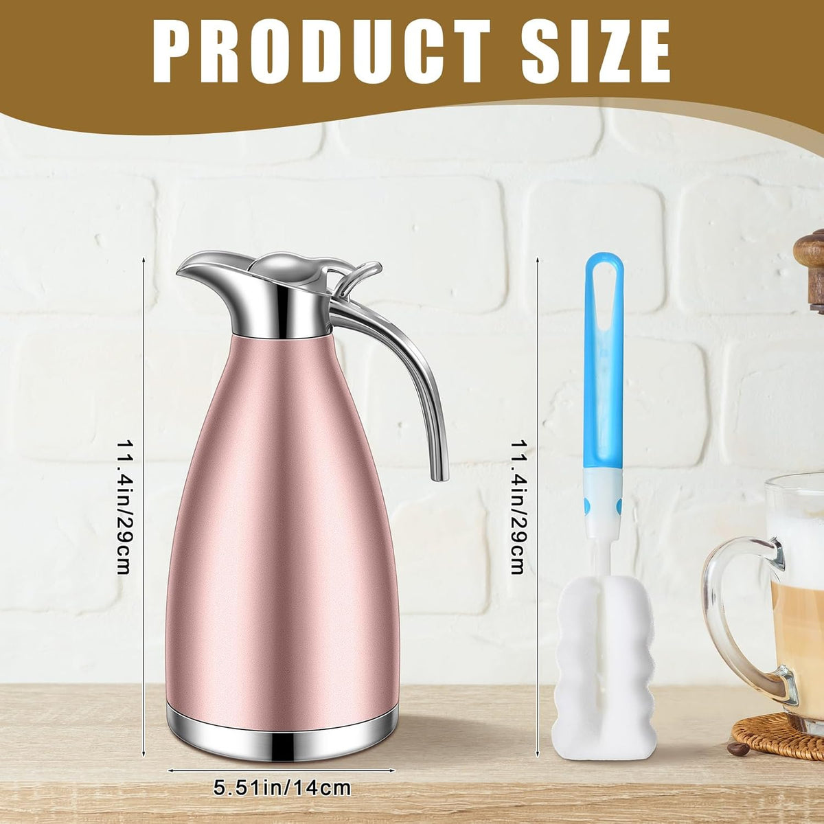 Uiifan 2 Pcs 68 oz Thermal Coffee Carafe Insulated Stainless Steel Coffee Carafe for Hot Liquids Vacuum Thermal Pot Creamer Dispenser with Brushes Keeping Hot Tea Milk Water(Rose Gold)